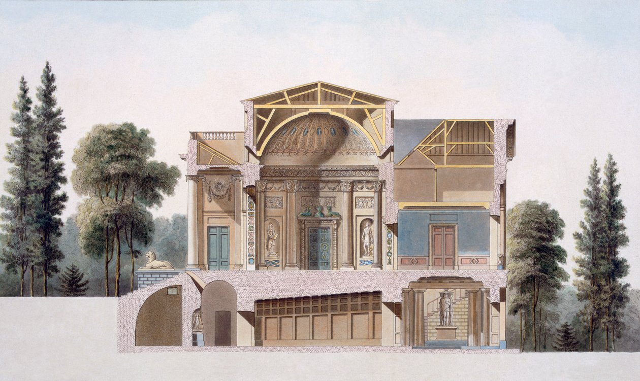 Przekrój wiejskiego domu w Laeken, z „Wybór najbardziej znaczących zabytków, budynków i domów Królestwa Niderlandów”, opublikowany w 1827 r. autorstwa Pierre Jacques Goetghebuer
