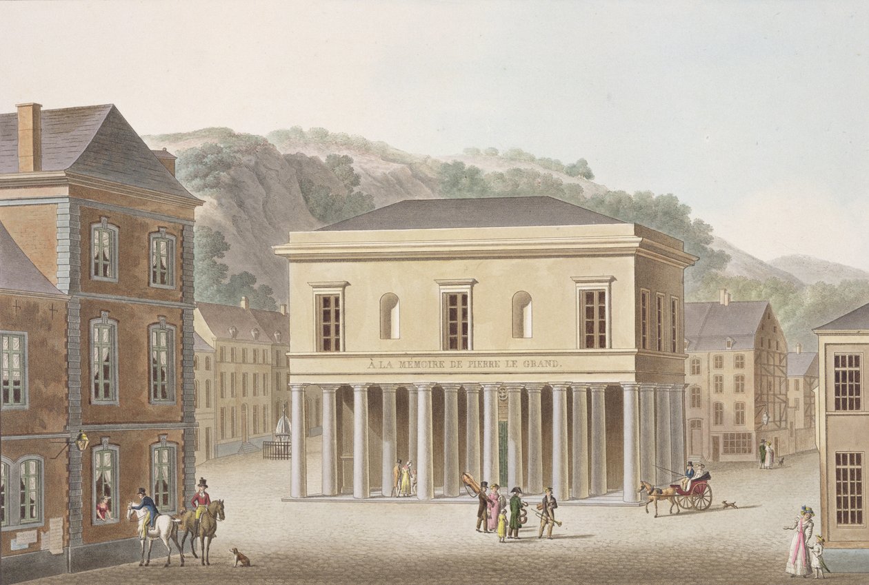 Portyk fontanny Pouhon w Spa, z „Wybór najbardziej wybitnych zabytków, budynków i domów Królestwa Niderlandów” Pierre Jacques Goetghebuer, opublikowany 1827 (akwatinta) autorstwa Pierre Jacques Goetghebuer