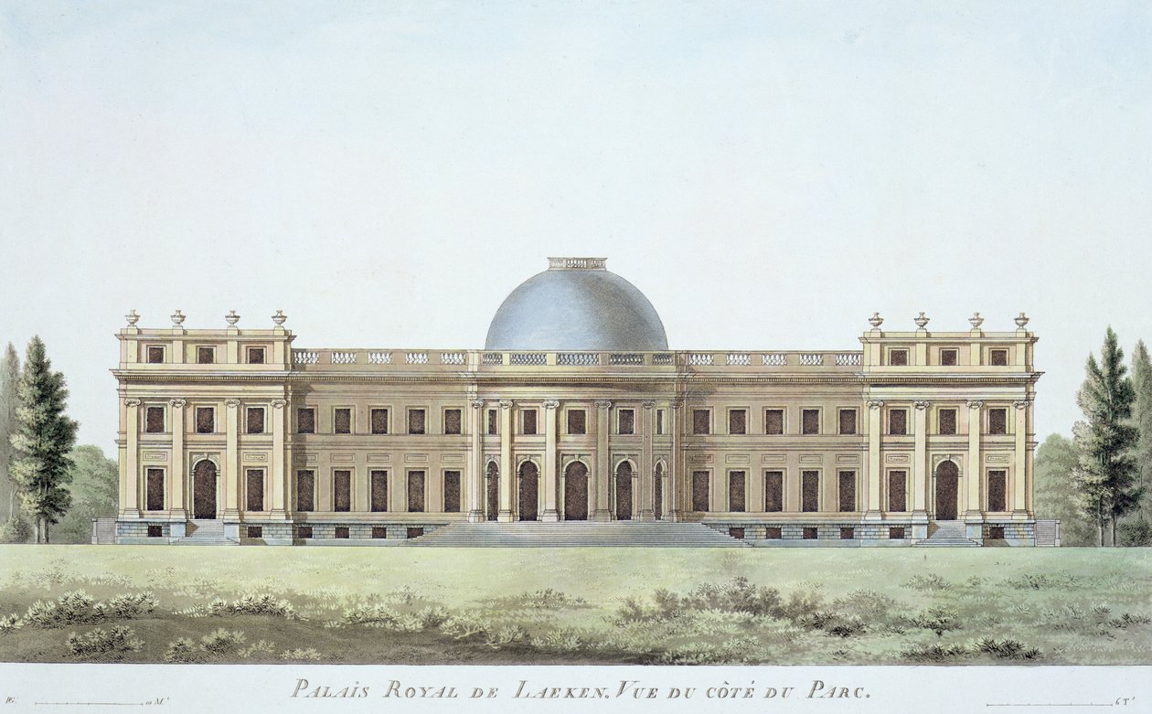 Pałac Królewski w Laeken, Widok z parku, z „Wybór najwybitniejszych zabytków, budynków i domów Królestwa Niderlandów” Pierre Jacques Goetghebuer, opublikowany 1827 (akwatinta) autorstwa Pierre Jacques Goetghebuer