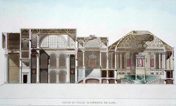 Przekrój Palais Academique w Gandawie, z Wybór najbardziej wyróżniających się zabytków, budynków i domów Królestwa Niderlandów autorstwa Pierre
