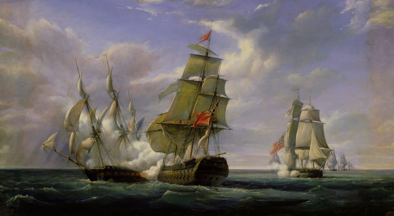 Walka francuskiej fregaty „La Canonniere” z angielskim statkiem „The Tremendous”, 21 kwietnia 1806, 1835 autorstwa Pierre Julien Gilbert
