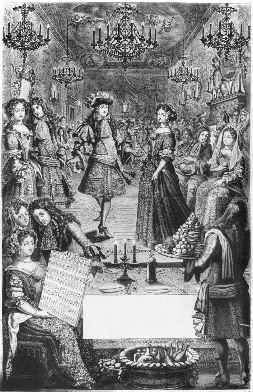Bal francuski, Royal Almanac, z partyturą „Menuet de Strasbourg” Marca Antoine Charpentiera (1634-1704) 1682 autorstwa Pierre Landry