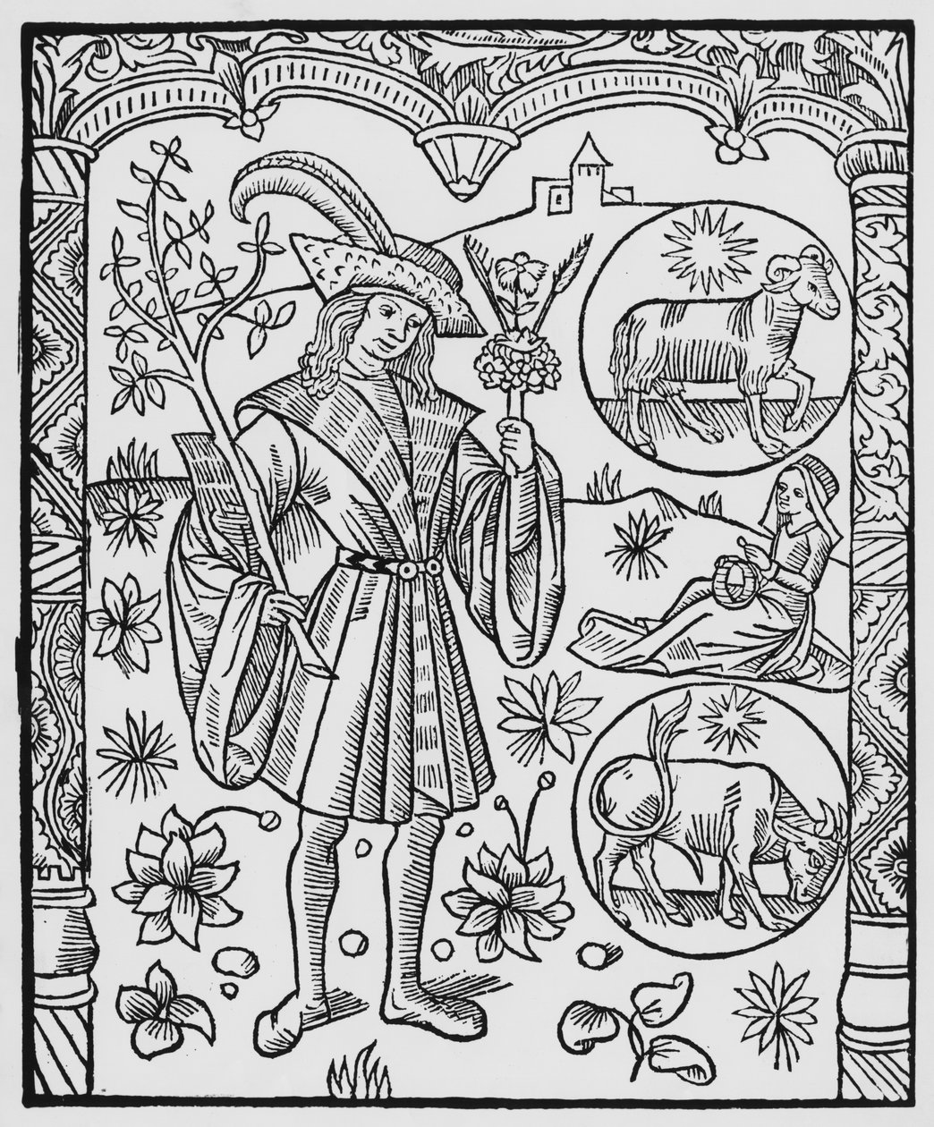 Kwiecień, kwiaty, Baran, ilustracja z „Almanachu Bergerów”, 1491 (ksylografia) autorstwa Pierre Le Rouge