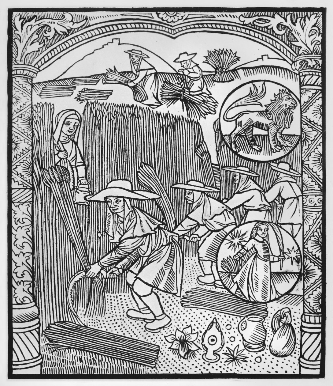 Sierpień, żniwa, Lew, ilustracja z „Almanachu Bergerów”, 1491 (ksylograf) autorstwa Pierre Le Rouge