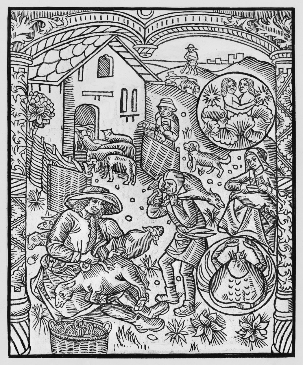 Czerwiec, strzyżenie owiec, Bliźnięta, ilustracja z „Almanach des Bergers”, 1491 (ksylografia) autorstwa Pierre Le Rouge