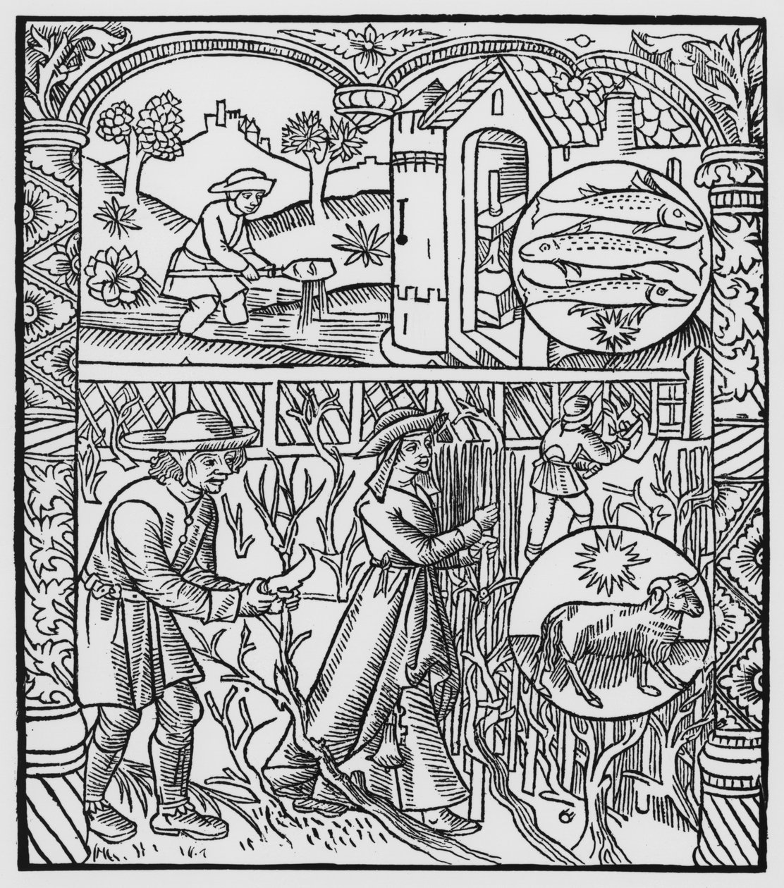 Marzec, łowienie ryb i przycinanie drzew, Ryby, ilustracja z "Almanachu Bergerów", 1491 (ksylografia) autorstwa Pierre Le Rouge