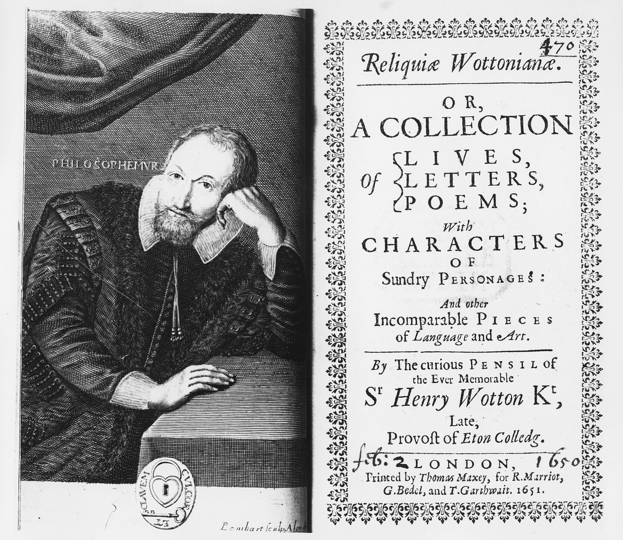 Strona tytułowa i frontyspis do „Reliquiae Wottonianiae”, 1651 autorstwa Pierre Lombard or Lombart