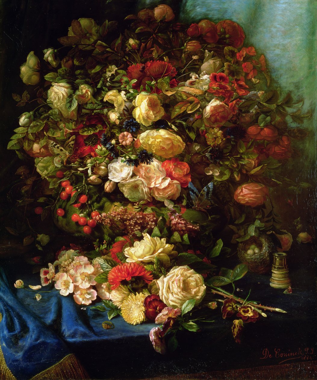 Martwa natura z kwiatów na półce z ptasim gniazdem, 1884 autorstwa Pierre Louis de Coninck