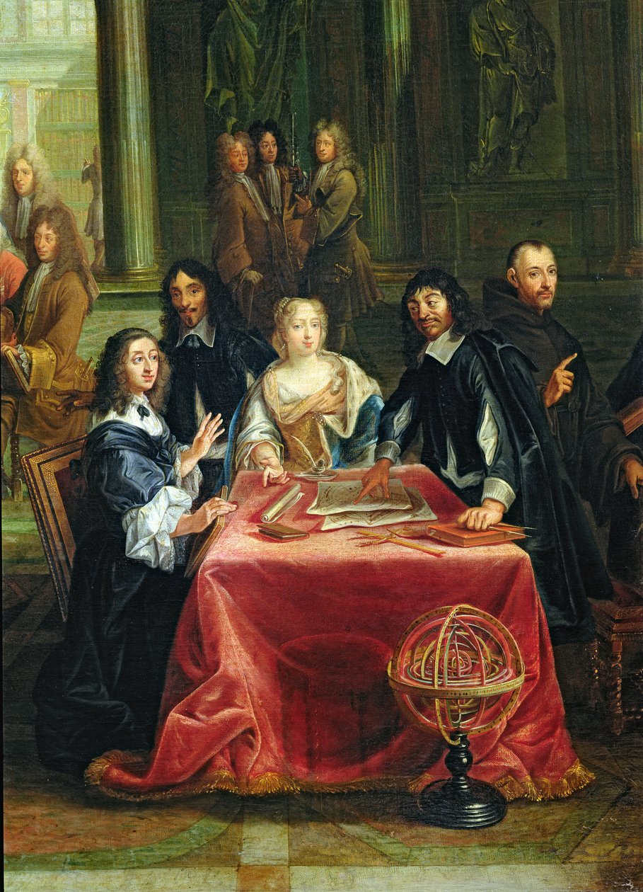 Krystyna Szwedzka (1626-89) i jej dwór: szczegół Królowej i Kartezjusza (1596-1650) przy stole (patrz 28038) autorstwa Pierre Louis the Younger Dumesnil