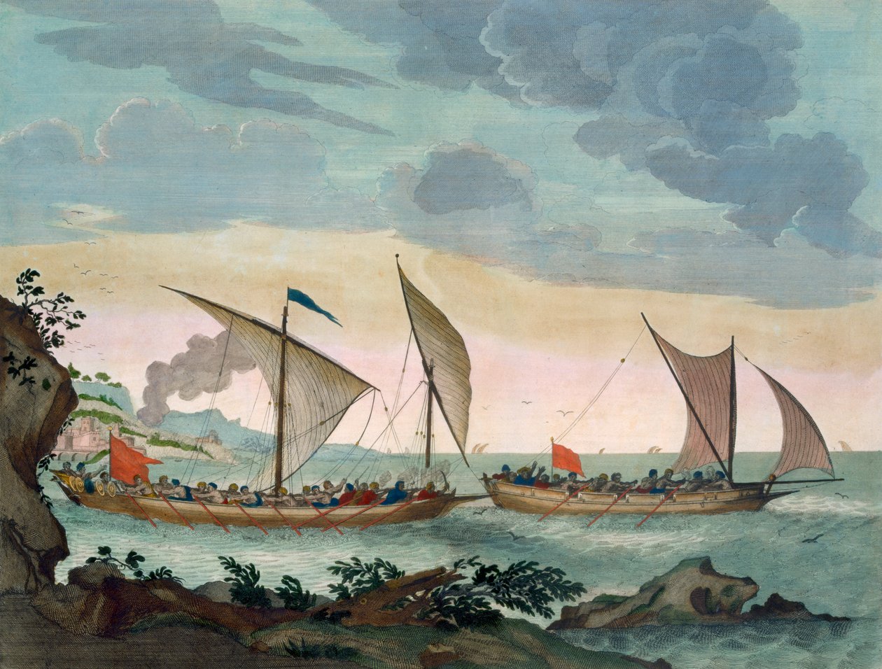 Brygantyna ścigająca Felukę i mająca na nią wsiąść, z „Le Neptune Francois”, ok. 1693-1700 (ręcznie kolorowana rycina) autorstwa Pierre Mortier