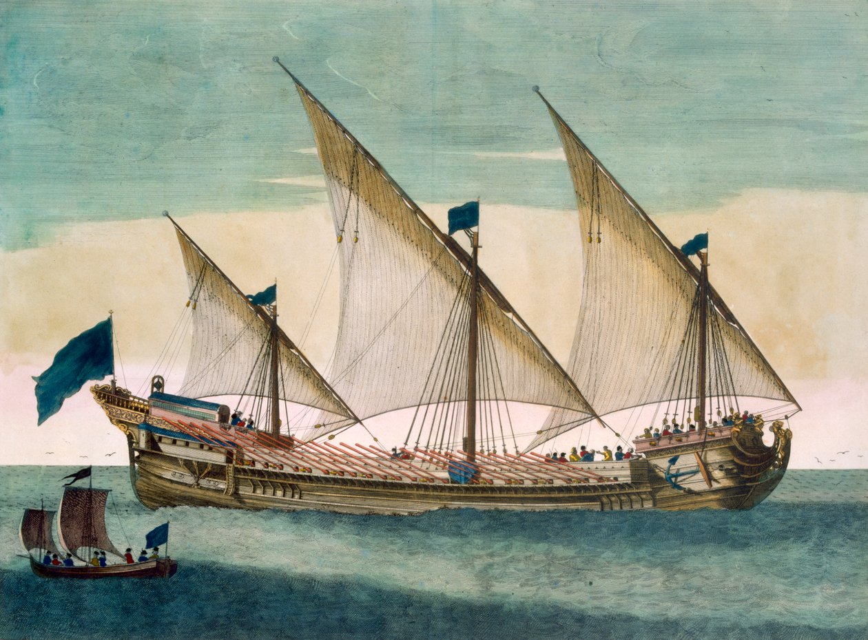 Trzymasztowy Galleass w drodze żaglem, wysłane wiosła, z „Le Neptune Francois”, ok. 1693-1700 (ręcznie barwiony grawerunek) autorstwa Pierre Mortier