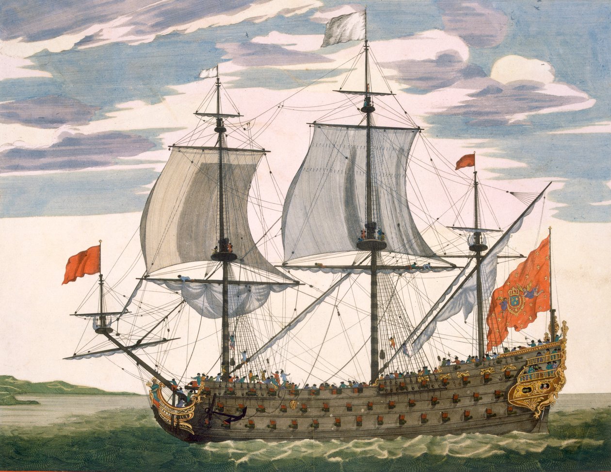 Marynarka brytyjska: pierwszorzędny okręt pod białą banderą; trójpokładowiec z kabiną admirała, z "Le Naptune Francois", ok. 1693-1700 (rycina ręcznie kolorowana) autorstwa Pierre Mortier