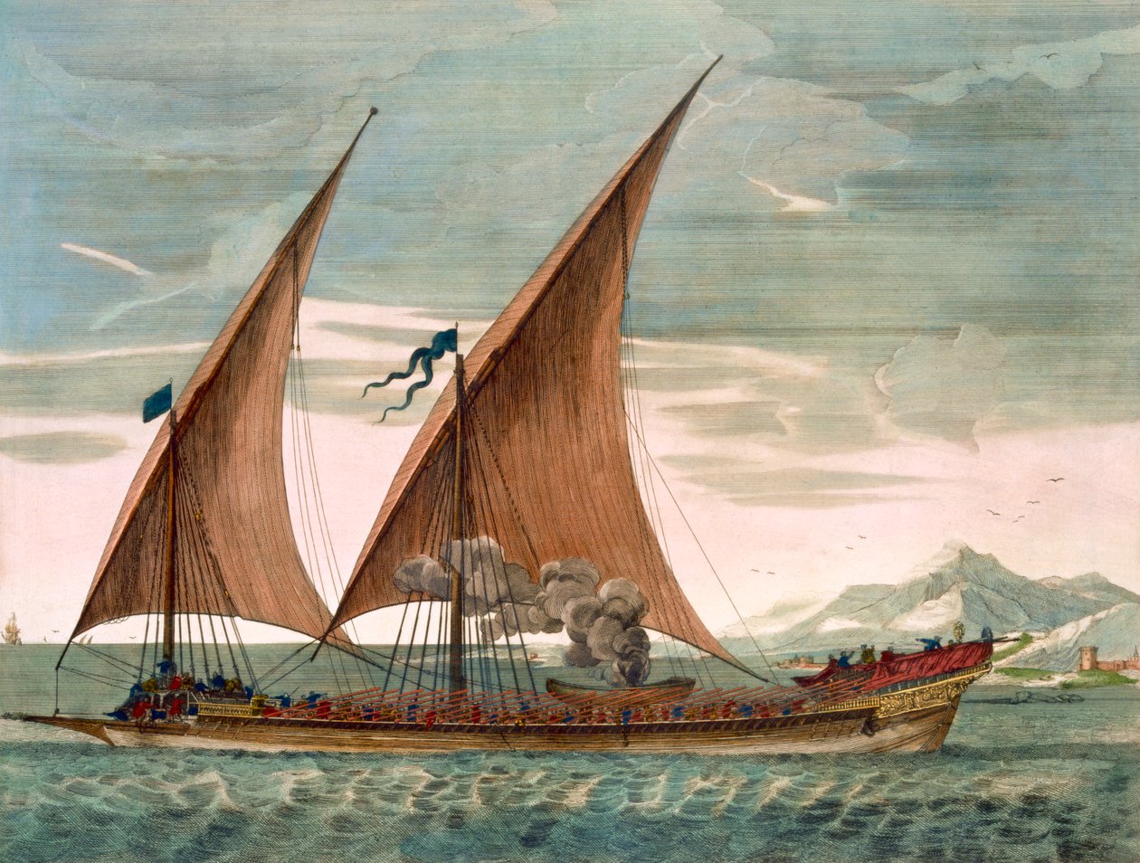 Galera pod żaglami, sztandar dowódcy eskadry, z "Le Naptune Francois", ok. 1693-1700 (rycina ręcznie kolorowana) autorstwa Pierre Mortier