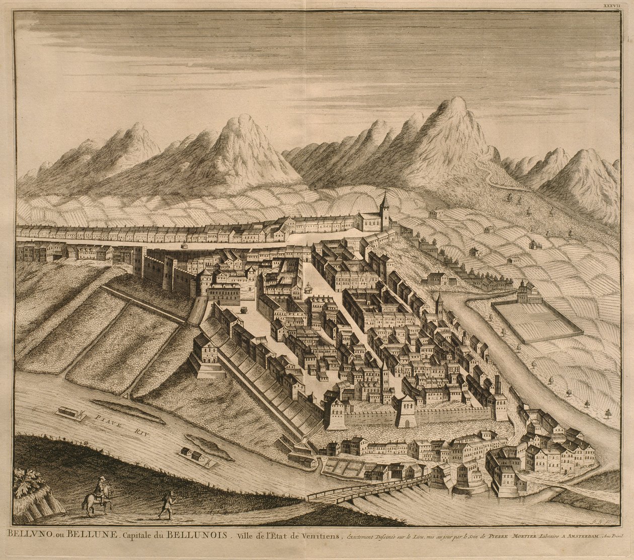 Mapa Belluno, z "Les Villes de Venetie", 1704, wydana przez Pierre Mortier w Amsterdamie autorstwa Pierre Mortier
