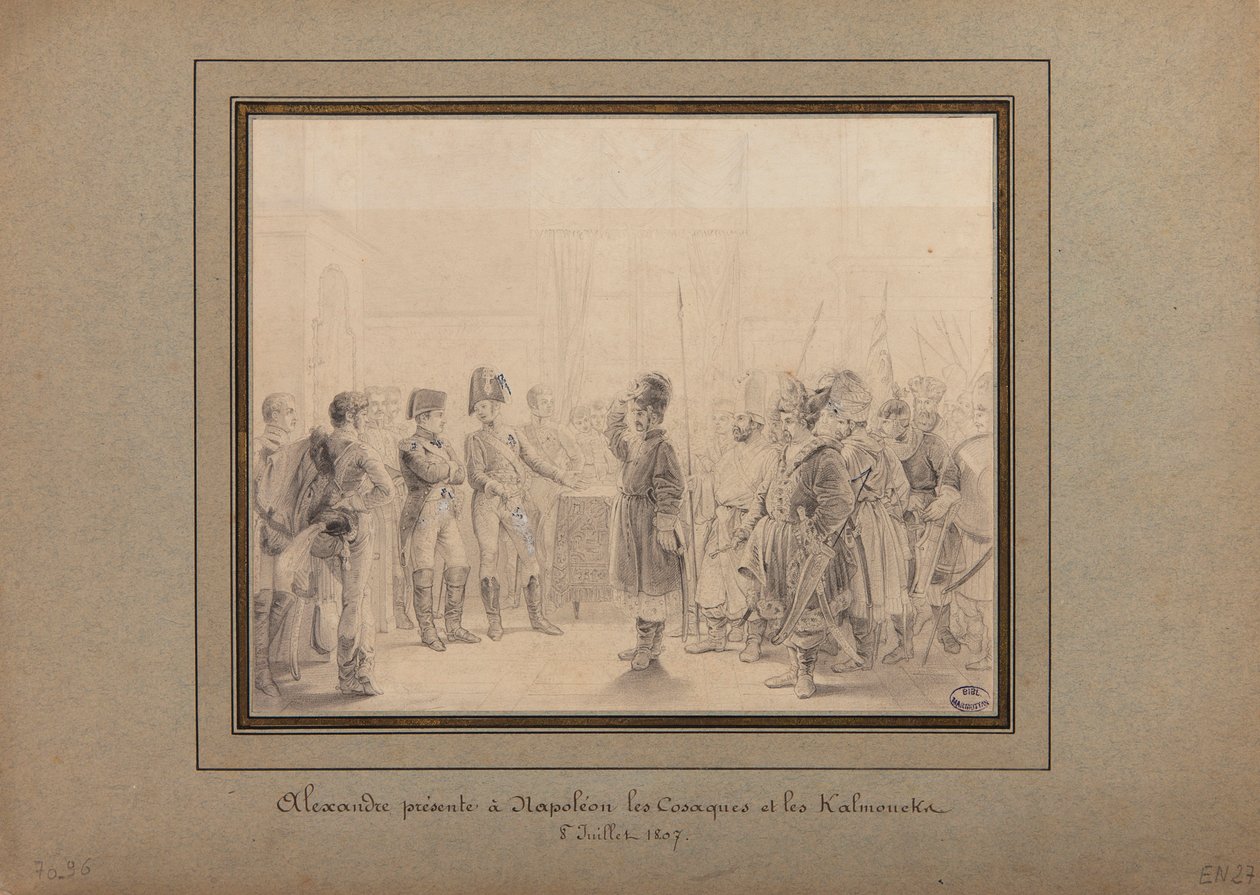 Aleksander I przedstawiający Kozaków i Kałmuków armii rosyjskiej Napoleonowi I, pod Tilsit, 8 lipca 1807 r. autorstwa Pierre Nolasque Bergeret