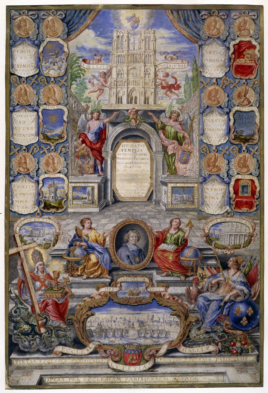 Alegoria kościoła paryskiego z okazji odwołania edyktu nantejskiego, 1685 (gwasz na welinie) autorstwa Pierre Paul Sevin