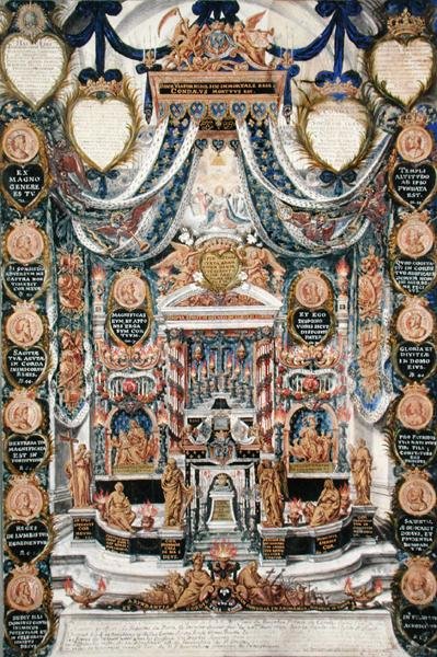 Dekoracja na pogrzeb Serca Ludwika II de Bourbon (1621-86) księcia Conde, w kościele Saint-Louis-en-LIle, 1687 autorstwa Pierre Paul Sevin