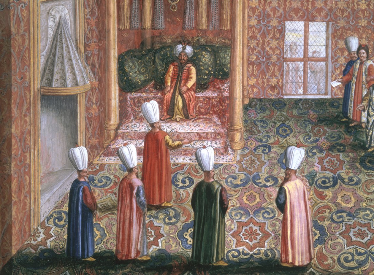 Misja Dyplomatyczna Jana Gnińskiego do Stambułu, Audiencja Posła Polskiego u sułtana Machmeda, 1679 (gwasz ze złotym płatkiem na papierze) autorstwa Pierre Paul Sevin