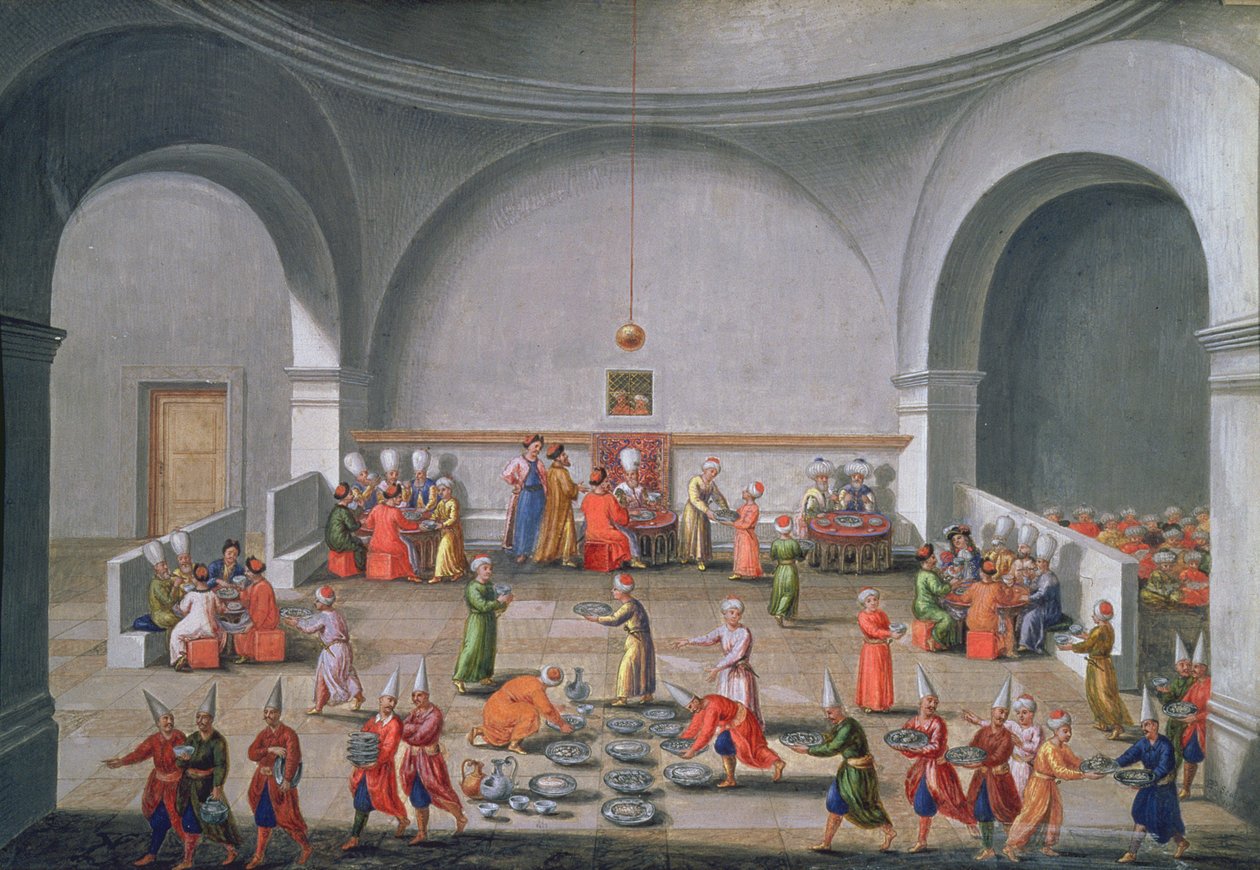 Misja Dyplomatyczna Jana Gnińskiego do Stambułu, Kolacja na cześć Misji Polskiej, 1679 (gwasz ze złotym płatkiem na papierze) autorstwa Pierre Paul Sevin