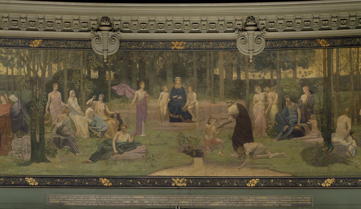 Święty Las, alegoryczny mural w Wielkim Amfiteatrze, centralny detal Sorbony, Elokwencja, Poezja, Życiodajne Źródło i Nauka, 1887-89 (detal 88480) autorstwa Pierre Puvis de Chavannes