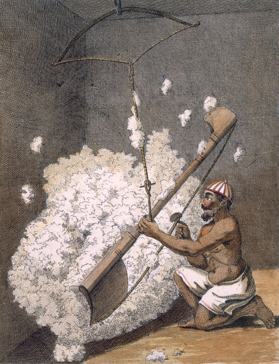 Zgrzeblanie bawełny z "Voyages aux Indes et a la Chine", 1782 r. autorstwa Pierre Sonnerat