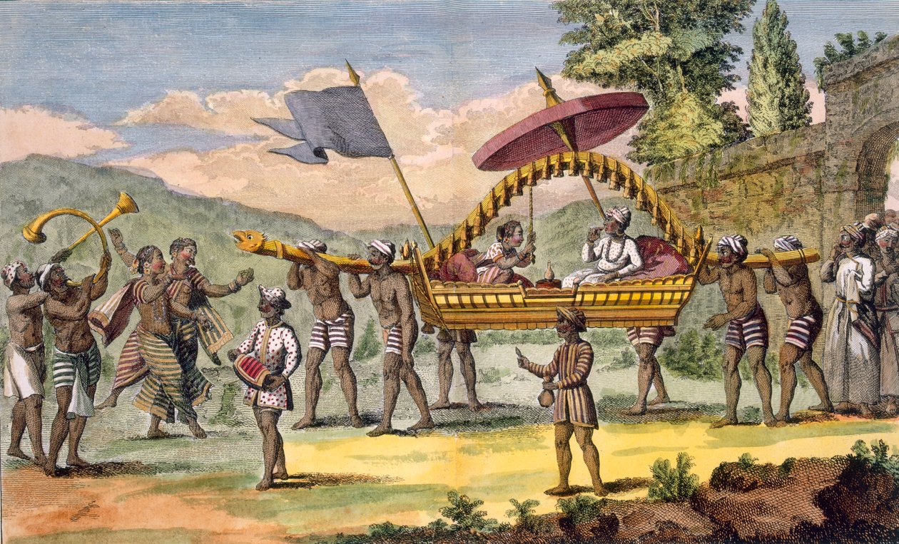 Nowożeńcy wyprowadzeni na deptak w palankinie w towarzystwie muzyków, ilustracja z „Voyage aux Indes et a la Chine”, ryty przez Poissona, 1782 (kolorowe grawerowanie) autorstwa Pierre Sonnerat
