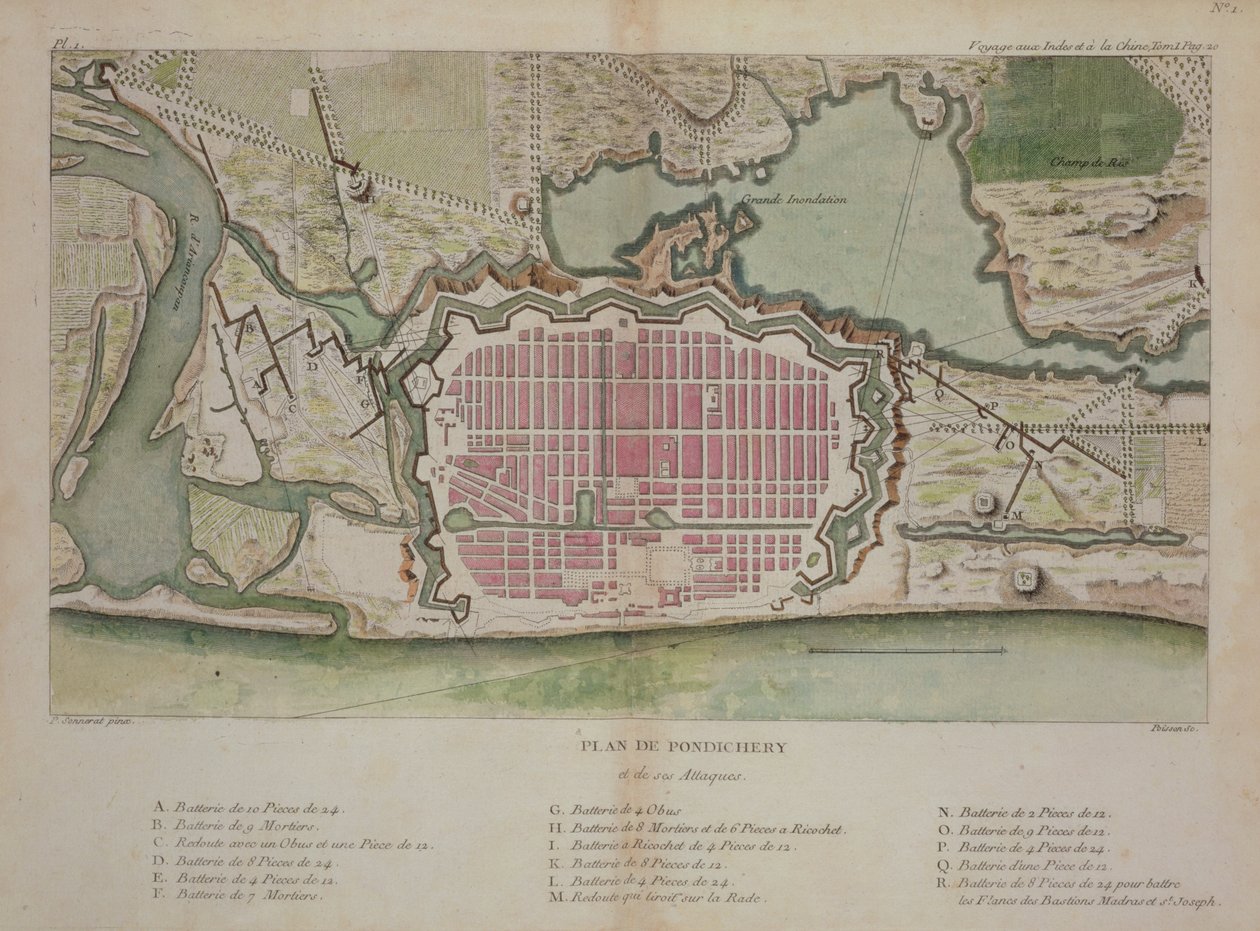 Plan Pondicherry, z „Voyage aux Indes et la Chine”, ryty przez Poissona, opublikowany 1782 (kolorowy grawerunek) autorstwa Pierre Sonnerat