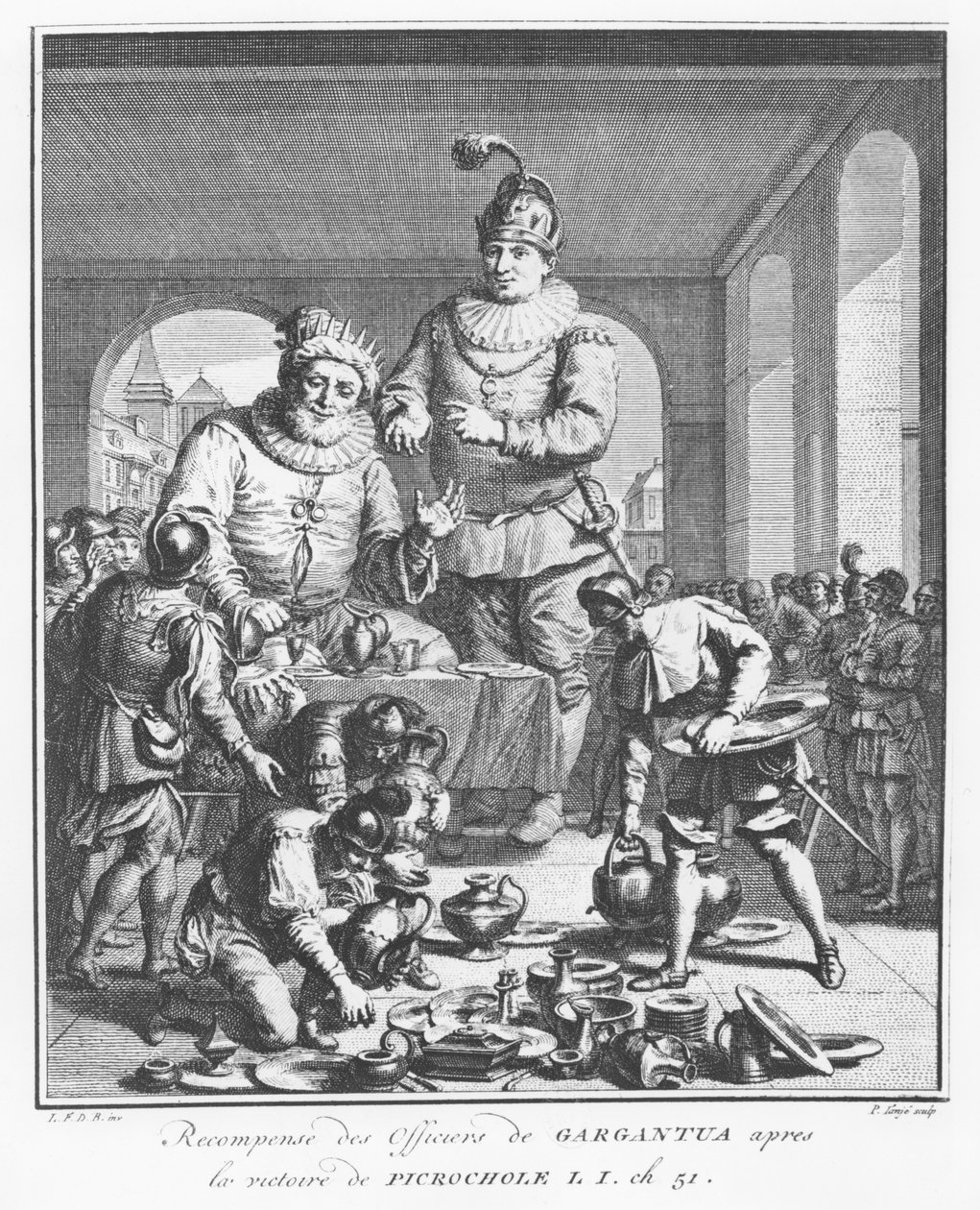 Gargantua nagradzająca oficerów po zwycięstwie Picrochole, ilustracja z „Życia Gargantui i Pantagruela”, autorstwa François Rabelais autorstwa Pierre Tanje