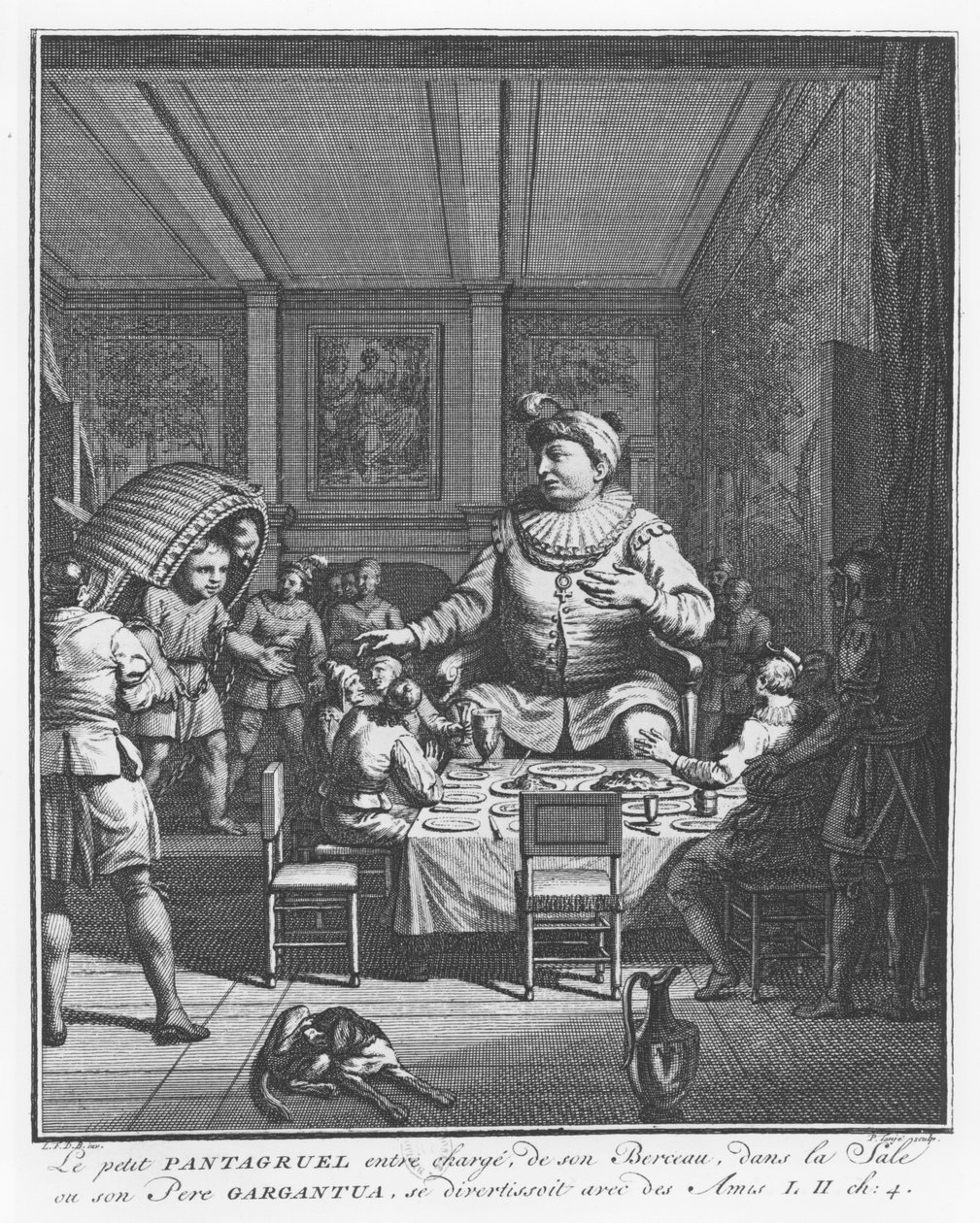 Gargantua widzi swojego syna Pantagruela niosącego łóżeczko, ilustracja z „Gargantua i Pantagruel”, autorstwa François Rabelais autorstwa Pierre Tanje