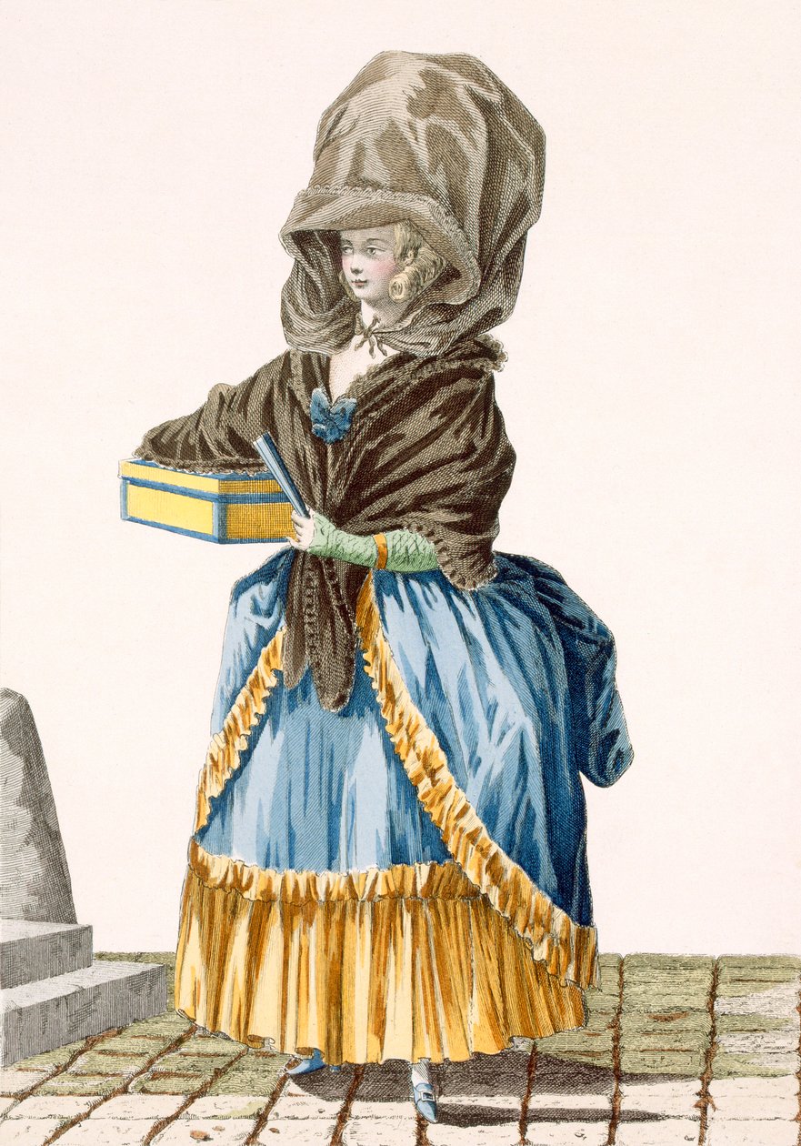Pani z targowiska sprzedająca swoje towary, grawerowana przez Dupina, tablica nr 5 z „Galeries des Modes et Costumes Francais”, ok. 1778-87 99: odzież; strój tradycyjny; strój tradycyjny; moda autorstwa Pierre Thomas Le Clerc