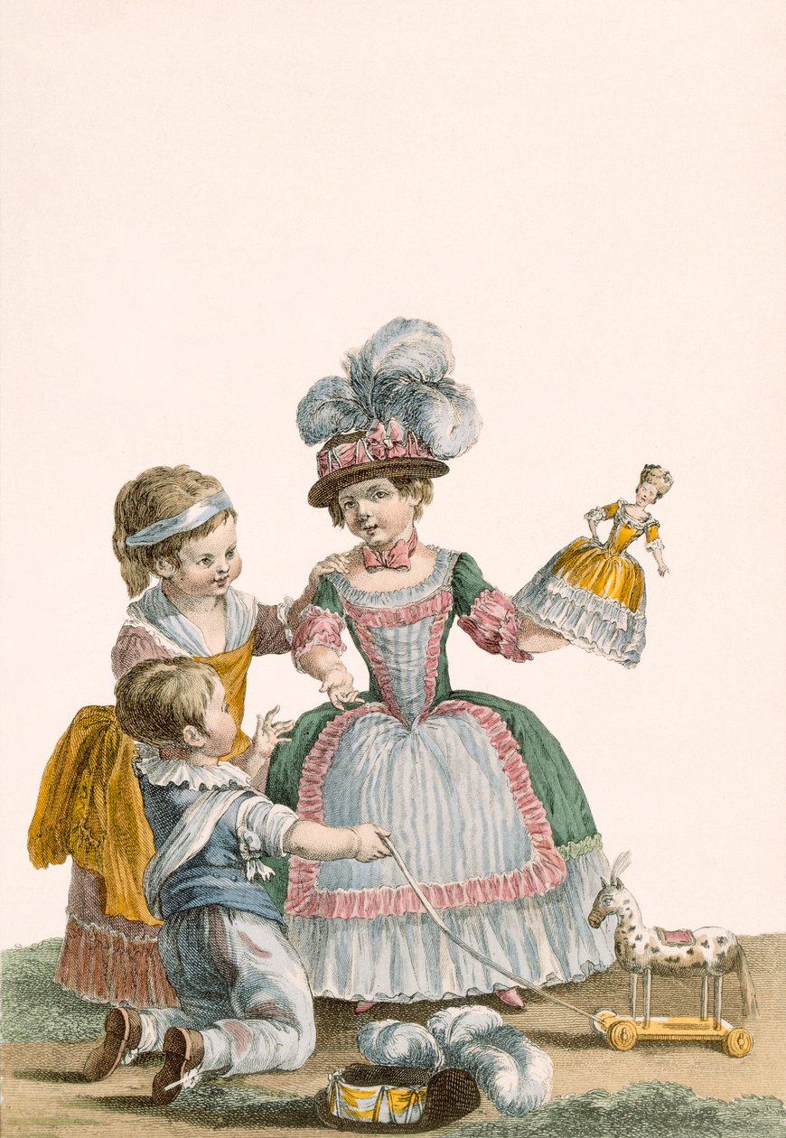 Bawiące się dzieci, grawerowane przez Patasa, tabliczka z „Galeries des Modes et Costumes Francais”, ok. 1778-1787 99:ubrania; strój tradycyjny; strój tradycyjny; moda; ilustracja; c1 autorstwa Pierre Thomas Le Clerc