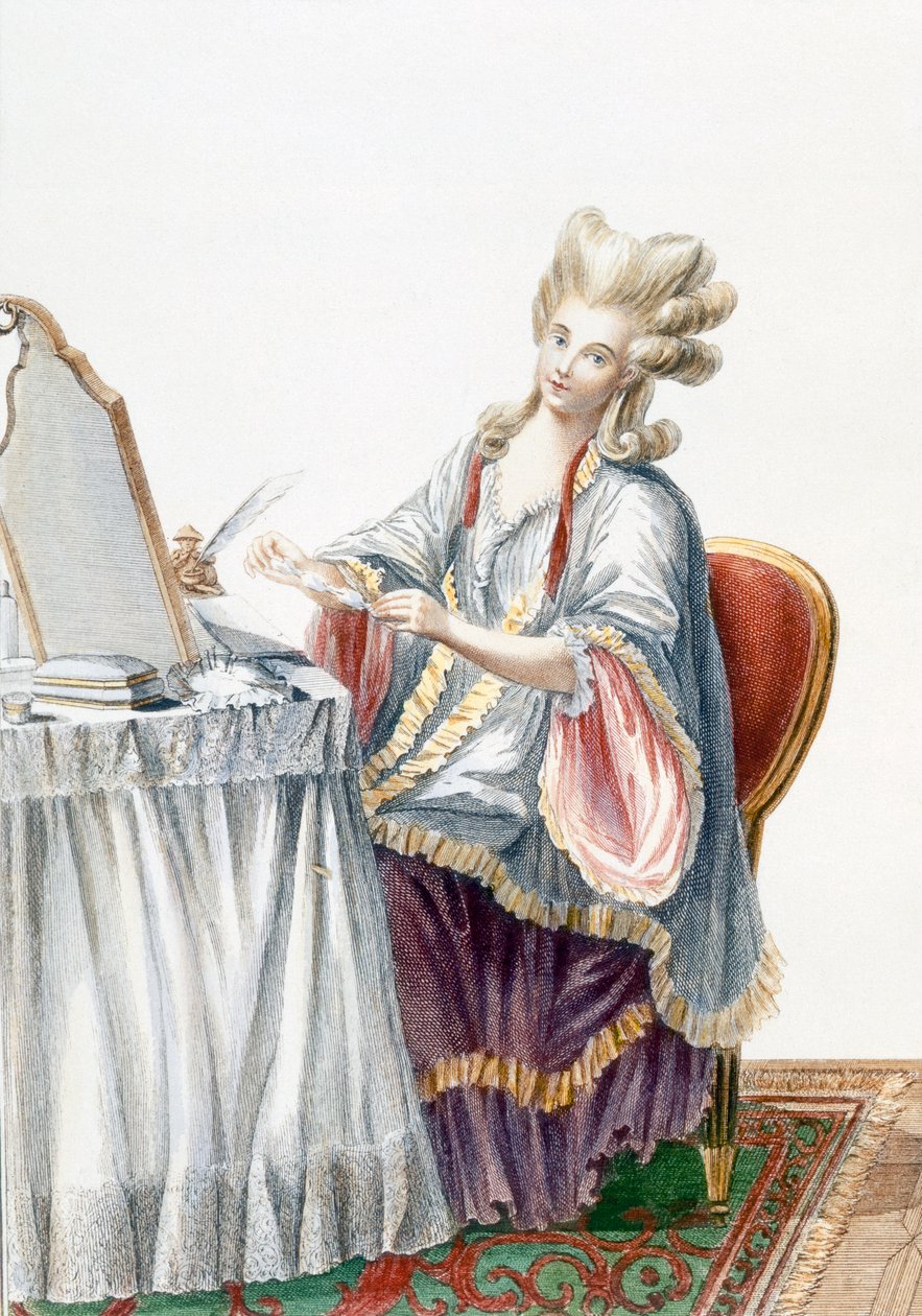 Elegancka dama przy toaletce, talerz z „Galerie des Modes et Costumes Francais”, grawerowany przez Dupina, 1778 autorstwa Pierre Thomas Le Clerc