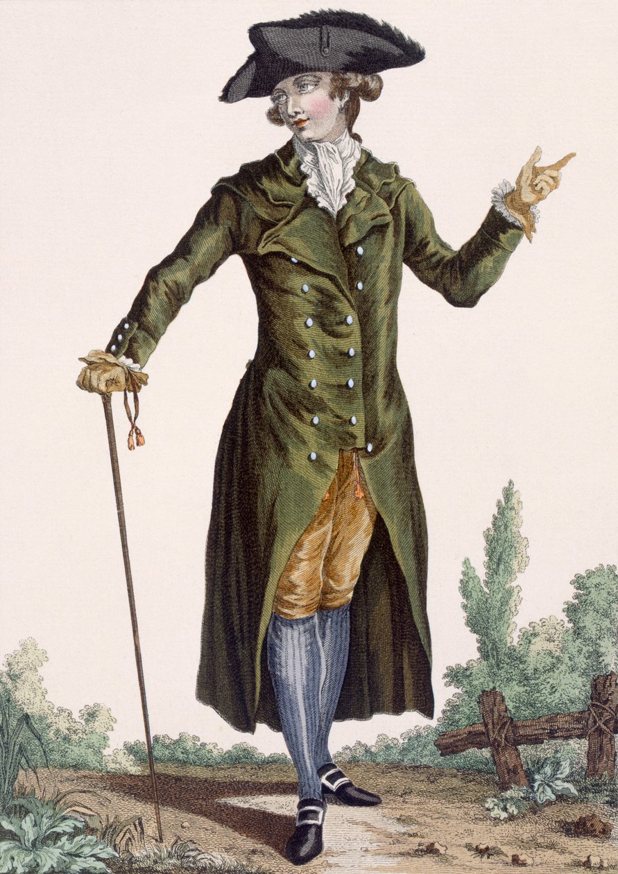 Dżentelmen w zielonym płaszczu, tablica z "Galeries des Modes et Costumes Francais", ok. 1778-87 r. autorstwa Pierre Thomas Le Clerc