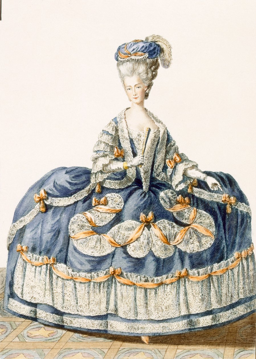 Wspaniała suknia balowa Dworu Królewskiego, grawerowana przez Le Roya, tabliczka z „Galeries des Modes et Costumes Francais”, ok. 1778-87 99:ubiór; strój tradycyjny; strój tradycyjny; moda autorstwa Pierre Thomas Le Clerc