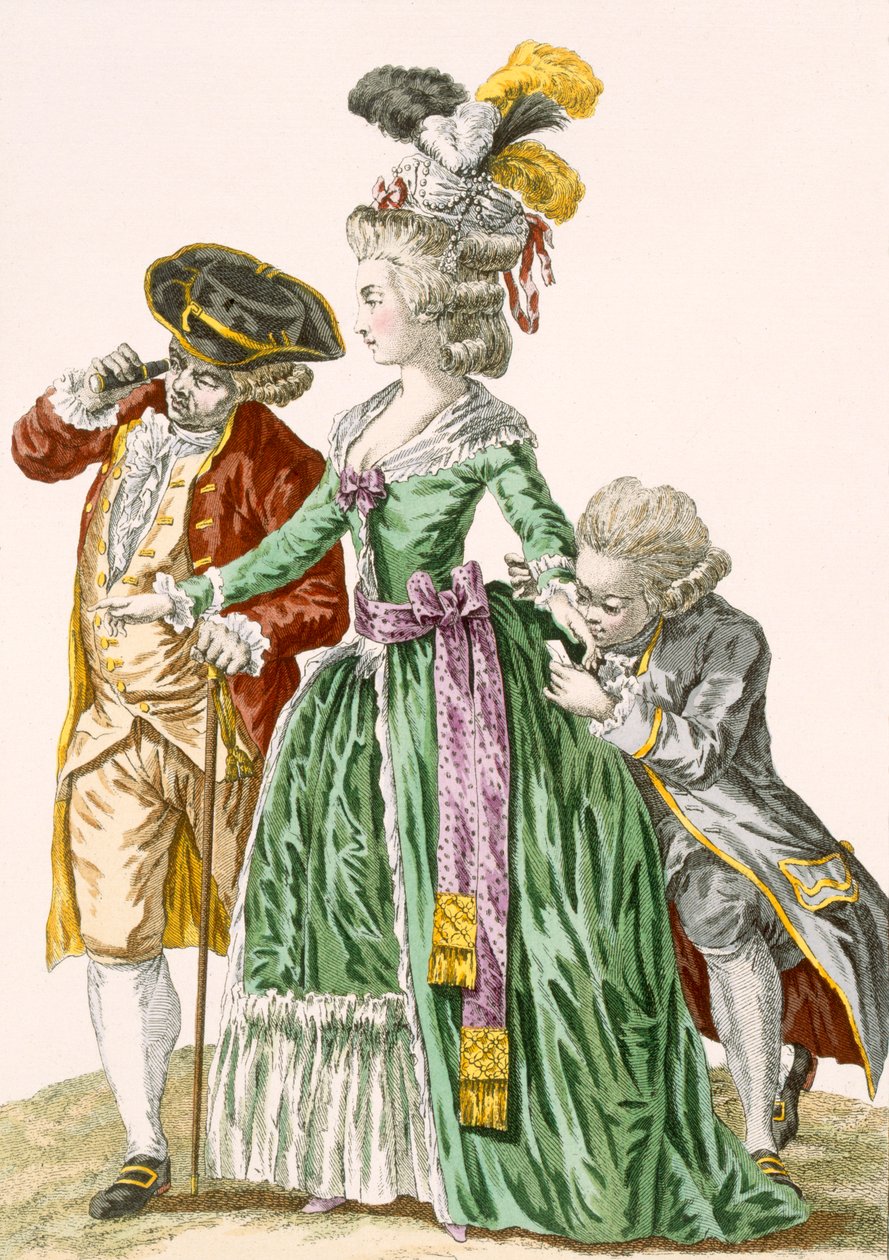 Dama dworska w otoczeniu służących, rytowana przez Petisoiera, tablica nr 124 z „Galeries des Modes et Costumes Francais”, ok. 1778-87 99: ubiór; strój tradycyjny; tradycja autorstwa Pierre Thomas Le Clerc
