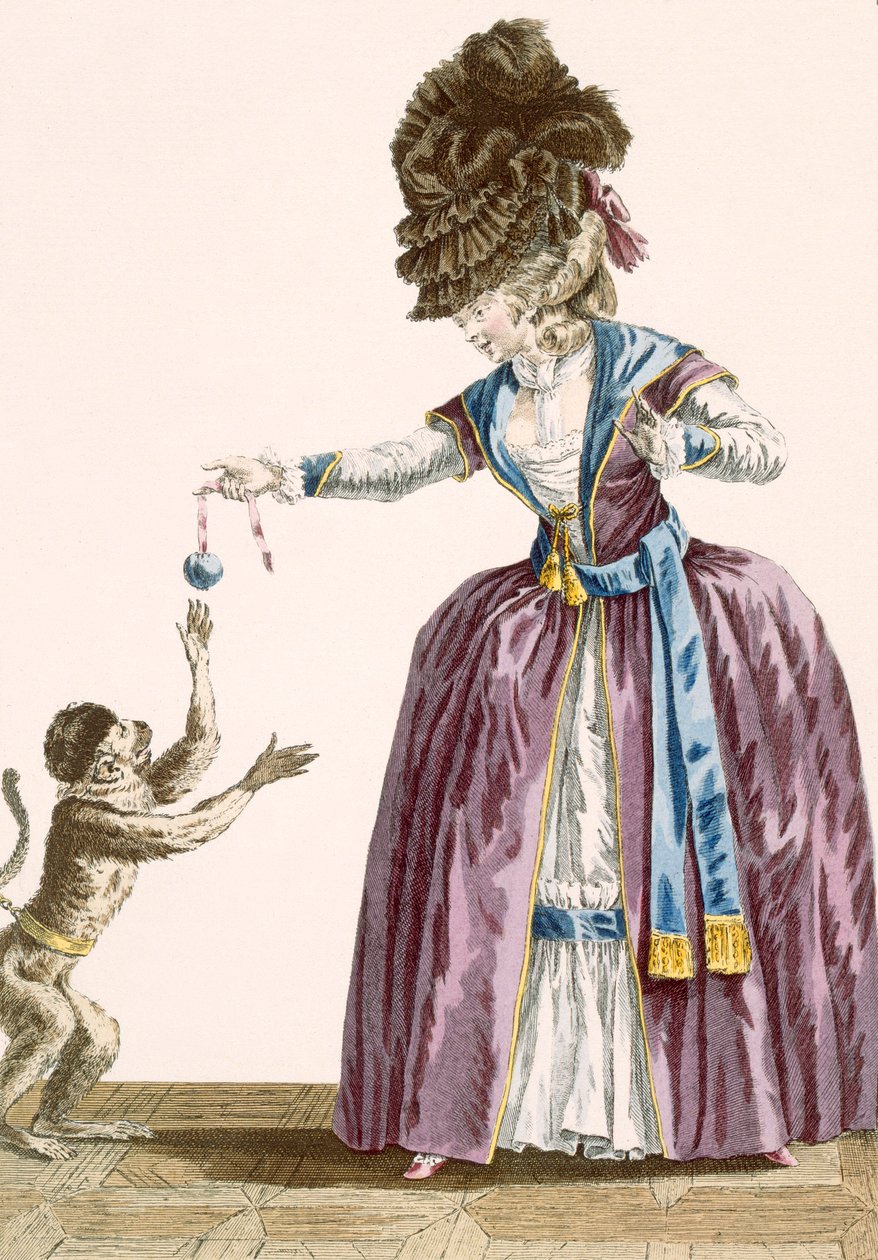Dama bawi się małpą, grawerowana przez Patasa, tablica nr 119 z „Galeries des Modes et Costumes Francais”, ok. 1778-87 99:odzież; strój tradycyjny; strój tradycyjny; moda; i autorstwa Pierre Thomas Le Clerc
