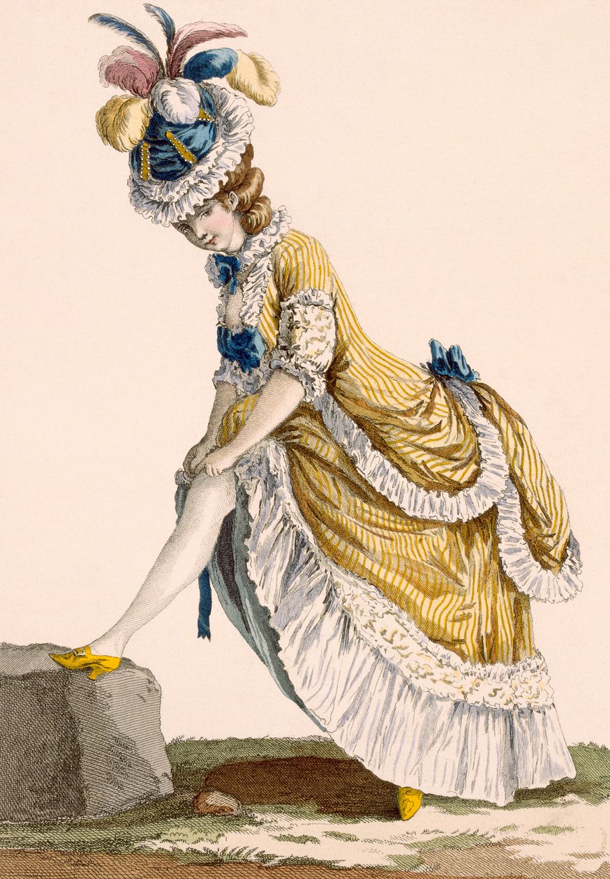 Dama podciągająca pończochę, grawerowana przez Le Beau, tablica nr 1 z „Galeries des Modes et Costumes Francais”, ok. 1778-87 autorstwa Pierre Thomas Le Clerc