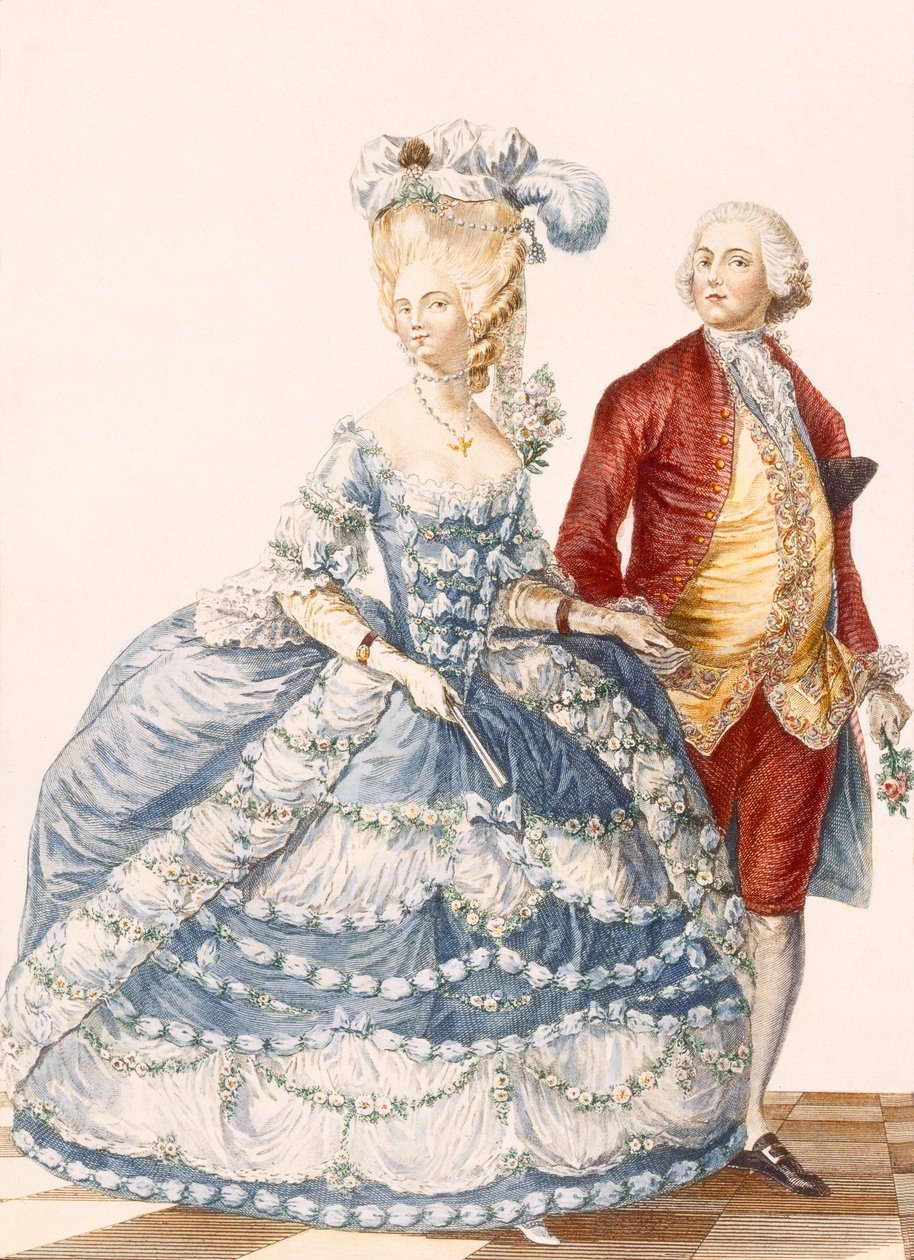 Dama z mężem na dworze, grawerowana przez Dupina, z „Galeries des Modes et Costumes Francais”, ok. 1778-87 autorstwa Pierre Thomas Le Clerc