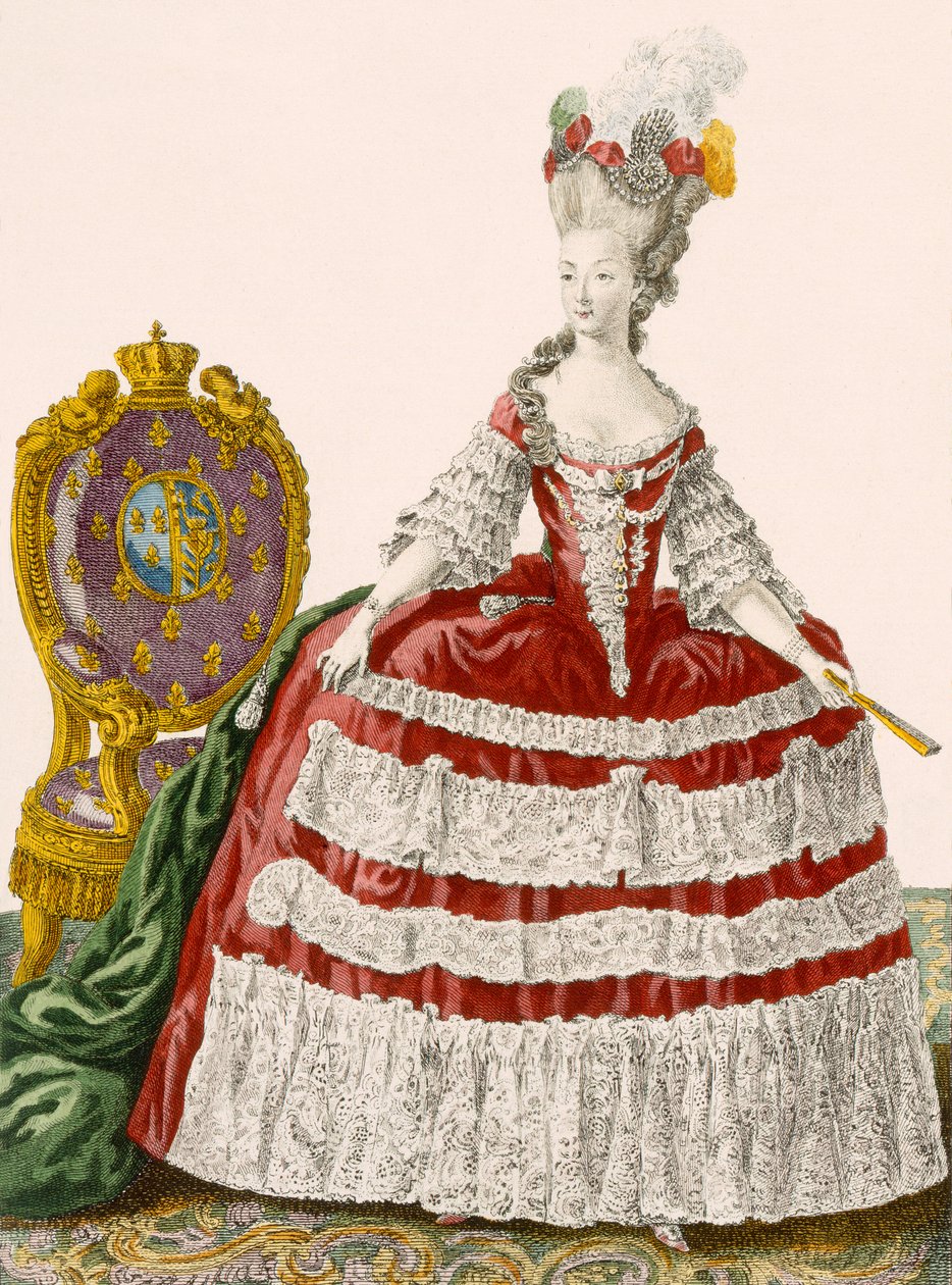 Dwór damski suknia ciemna wiśnia, grawer Patas, płyta nr 44 z „Galeries des Modes et Costumes Francais”, ok. 1778-87 autorstwa Pierre Thomas Le Clerc