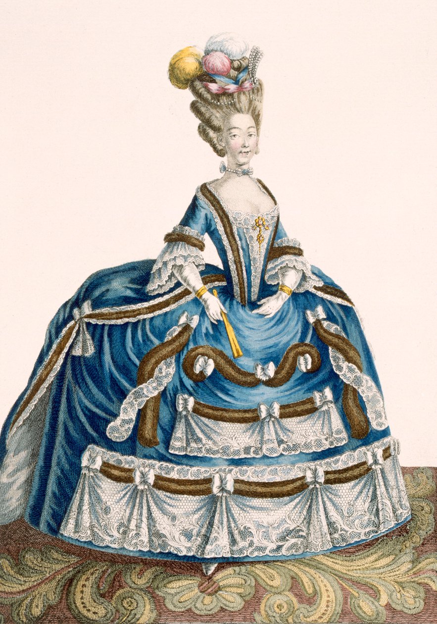 Wyszukana suknia dworska damy, ozdobiona ozdobami i koronką, grawerowana przez Voysarda, tablica nr 46 z „Galeries des Modes et Costumes Francais”, ok. 1778-87 99: odzież; tradycyjna dr autorstwa Pierre Thomas Le Clerc