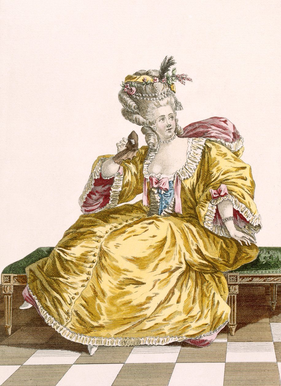 Suknia balowa damska z tafty złotej, rytowana przez Patasa, tablica nr 86 z "Galeries des Modes et Costumes Francais", ok. 1778-87 99:odzież; strój tradycyjny; strój tradycyjny; moda autorstwa Pierre Thomas Le Clerc