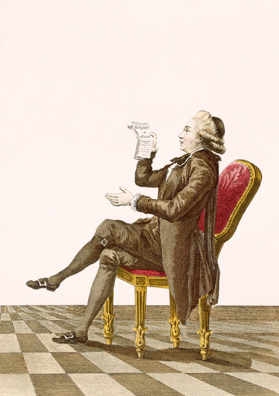 Młody poeta dżentelmen, sztych. Dupin, tablica nr 34 z „Galeries des Modes et Costumes Francais”, ok. 1778-87 autorstwa Pierre Thomas Le Clerc