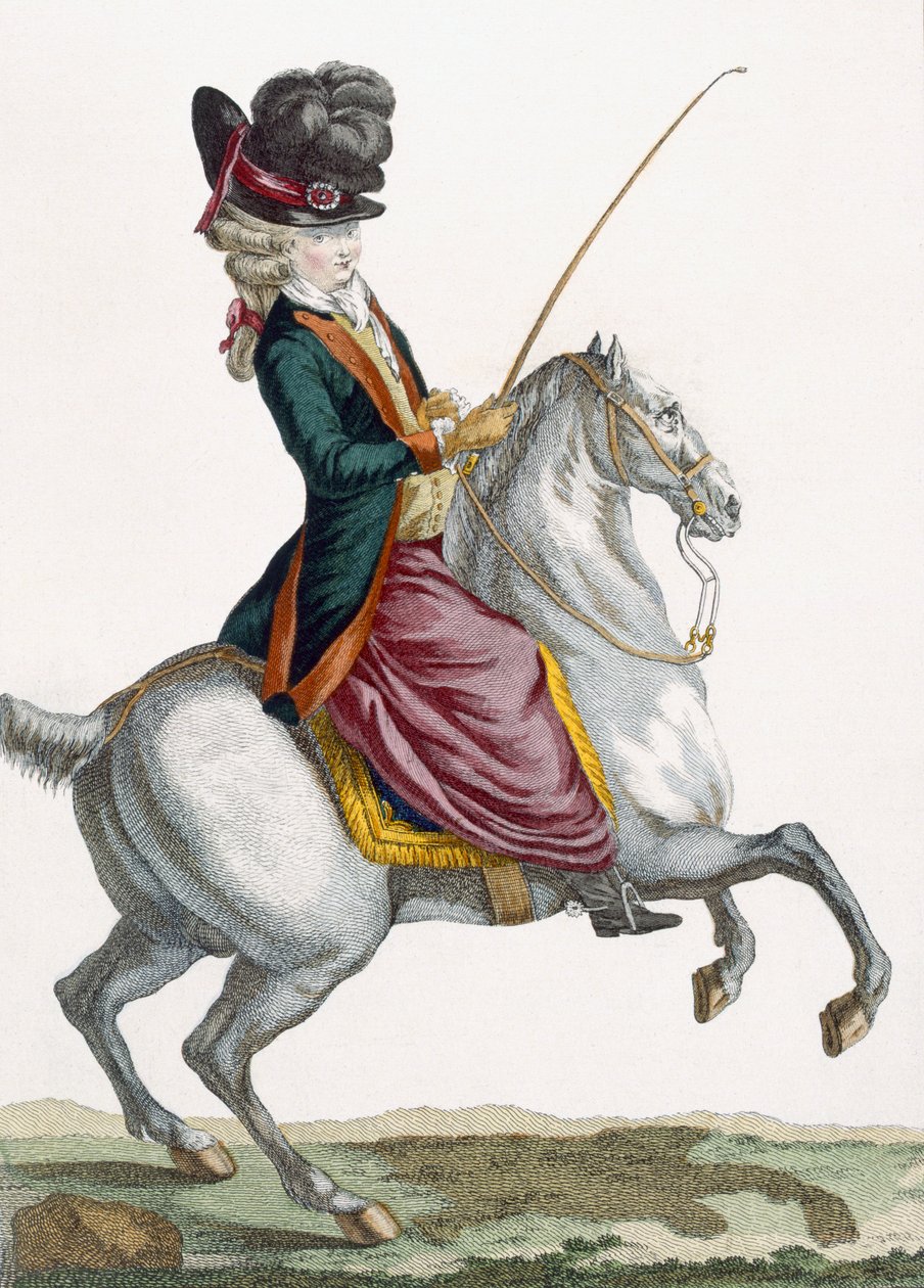 Młoda dama na koniu, grawerowana przez Voysarda, tablica z „Galeries des Modes et Costumes Francais”, ok. 1778-87 autorstwa Pierre Thomas Le Clerc