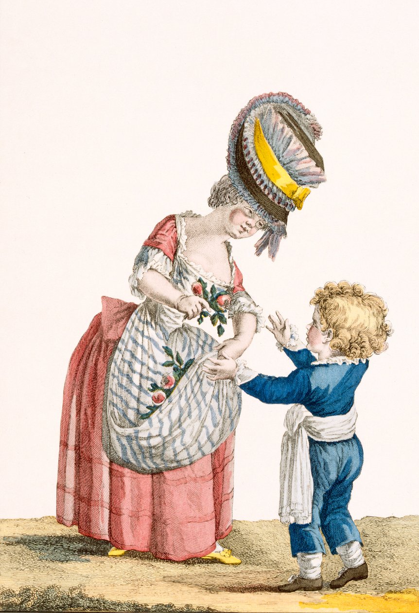 Młoda wieśniaczka z młodym chłopcem, grawerowana przez Dupina, tabliczka z „Galeries des Modes et Costumes Francais”, ok. 1778-87 99:ubrania; strój tradycyjny; strój tradycyjny; moda; autorstwa Pierre Thomas Le Clerc