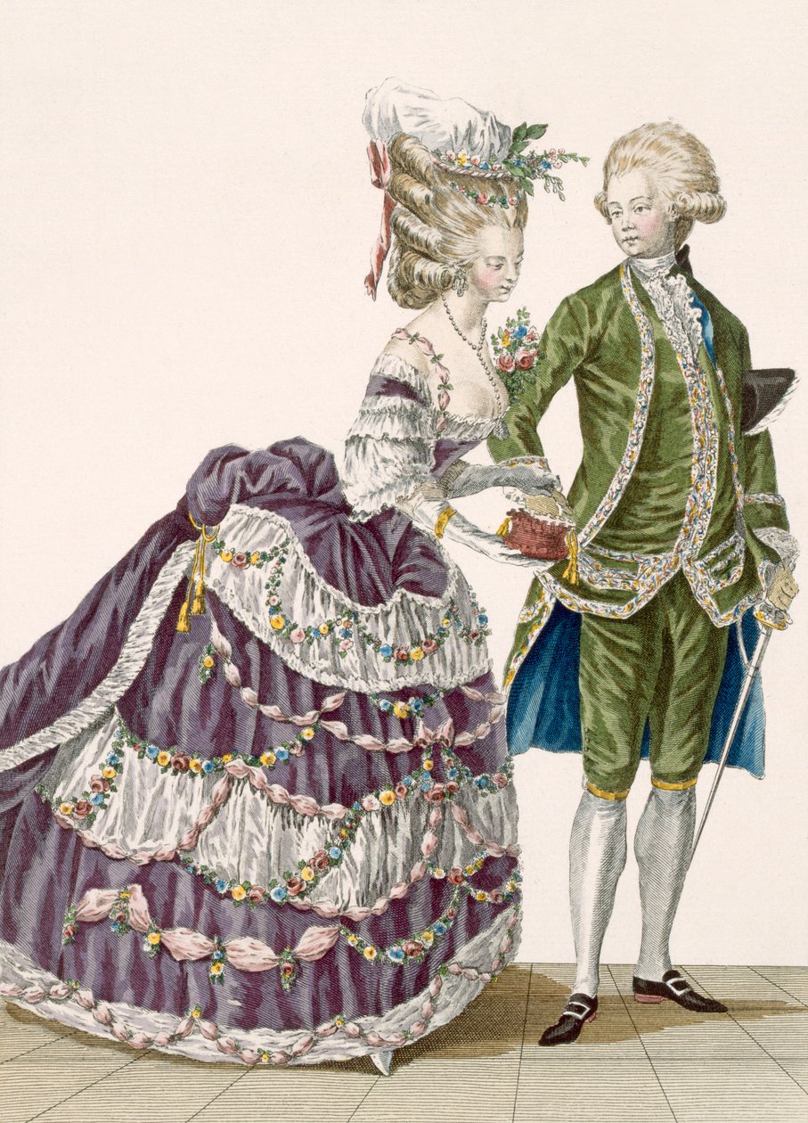 Młoda kobieta i jej mąż na gali sądowej, nr kat. 112 z „Galeries des Modes et Costumes Francais”, ok. 1778-87 99:ubrania; strój tradycyjny; strój tradycyjny; szybko autorstwa Pierre Thomas Le Clerc