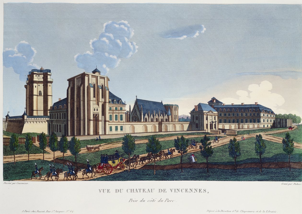 Widok na Chateau de Vincennes, ok.1820 (kolorowe grawerowanie) autorstwa Pierre after Courvoisier