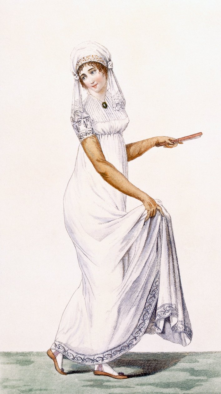 Damska prosta biała suknia wieczorowa, ilustracja z "Journal des Dames et des Modes", 1801 r. autorstwa Pierre de La Mesangere