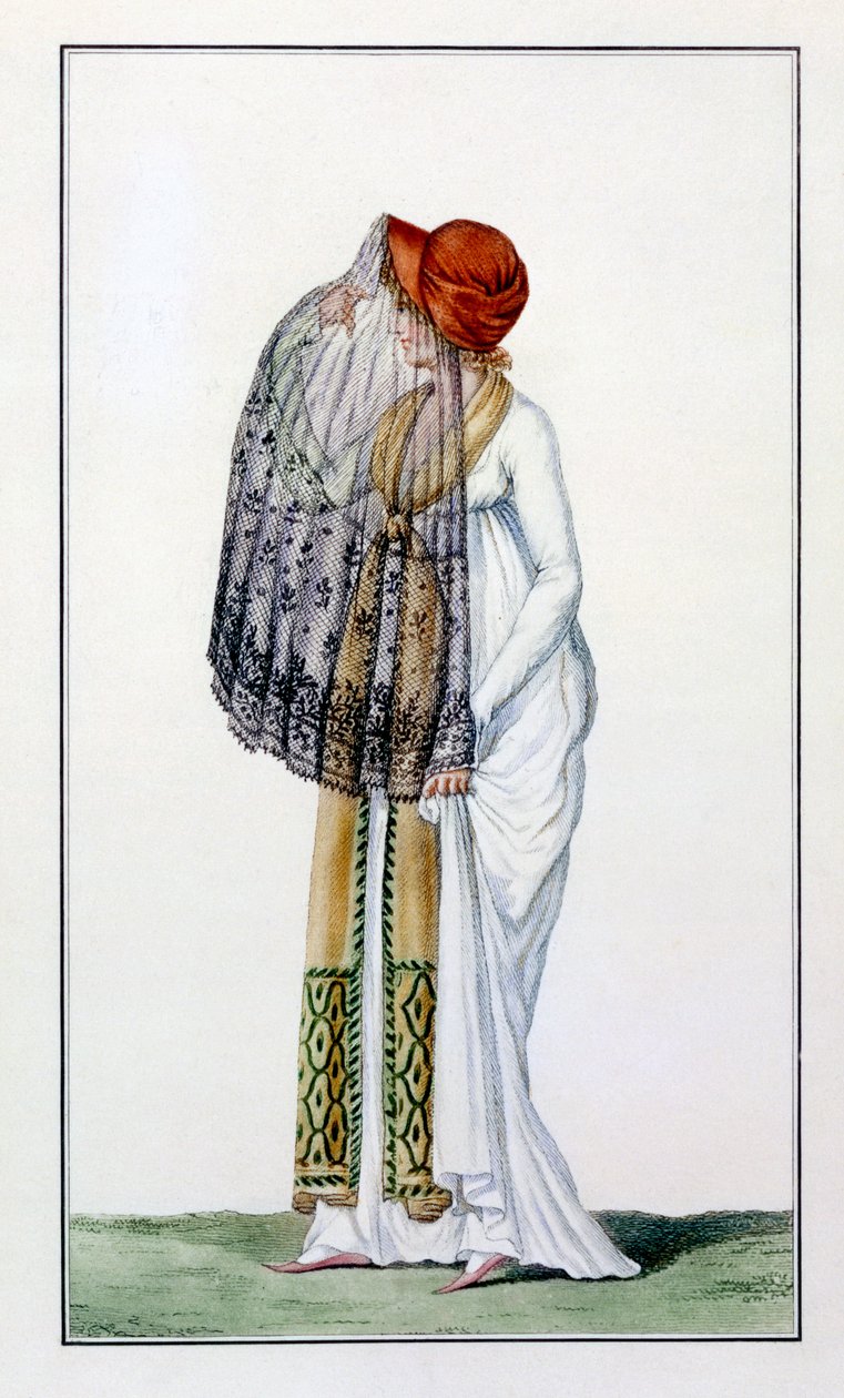Sukienka dzienna damska z welonem z Journal des Dames, 1799 autorstwa Pierre de La Mesangere
