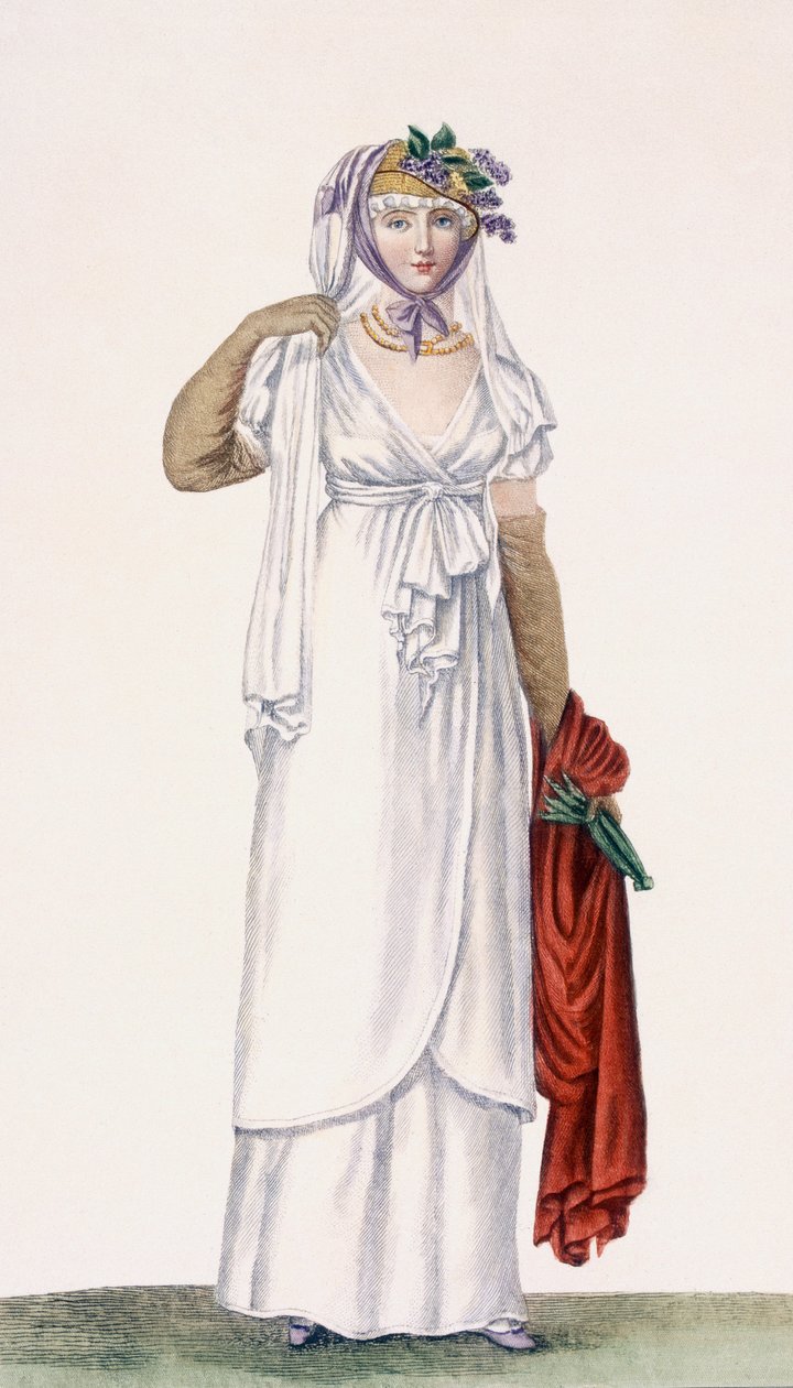 Damska sukienka do chodzenia w miękkim stylu, 1805 88: Damska sukienka do chodzenia w miękkim stylu; 99:kobieta; strój tradycyjny; strój tradycyjny; moda; c19; Biała sukienka; czerwony szal; welon; kapelusz; tak autorstwa Pierre de La Mesangere