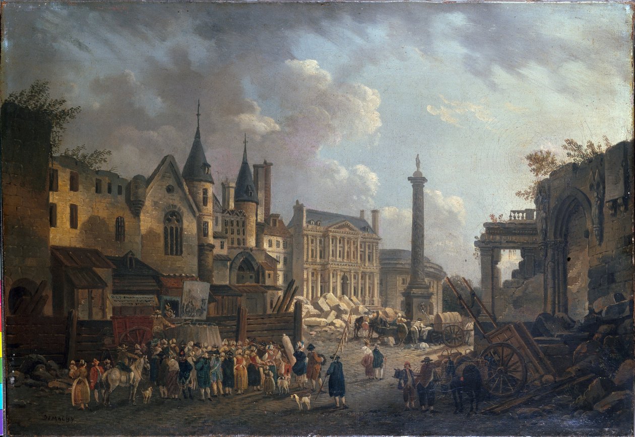 Pokaz jarmarczny na wyimaginowanym skrzyżowaniu w Paryżu, ok. 1770 r. (olej na płótnie) autorstwa Pierre Antoine Demachy